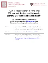 "List of Illustrations" in "The First 350 Years of the Harvard University Library: Description of an Exhibition"