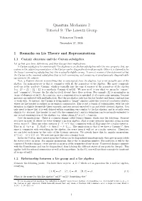 Quantum Mechanics 2 Tutorial 9: the Lorentz Group