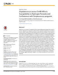 Staphylococcus Aureus Srrab Affects Susceptibility to Hydrogen Peroxide and Co-Existence with Streptococcus Sanguinis