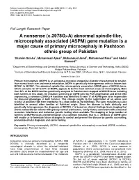 A Nonsense (C.3978G&gt;A) Abnormal Spindle-Like, Microcephaly Associated (ASPM) Gene Mutation Is a Major Cause of Primary Microc