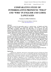 Comparative Study of Interrogative Pronouns ‘What’ and ‘Who’ in English and Uzbek Languages