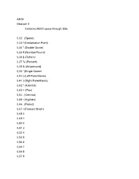 ASCII Charset: 0 Contains:ASCII Space Through Tilde. 0,32 (Space) 0,33 ! (Exclamation Point) 0,34 