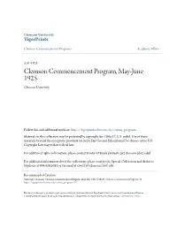 Clemson Commencement Program, May-June 1925 Clemson University