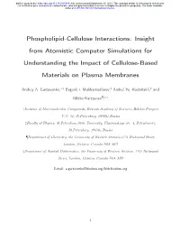 Phospholipid-Cellulose Interactions: Insight from Atomistic Computer Simulations for Understanding the Impact of Cellulose-Based Materials on Plasma Membranes