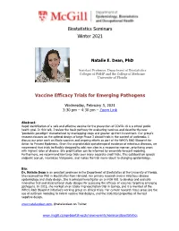 Biostatistics Seminars Winter 2021 Vaccine Efficacy Trials for Emerging