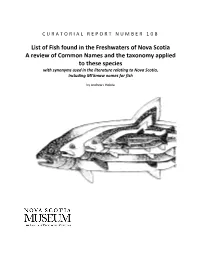 List of Fish Found in the Freshwaters of Nova Scotia a Review of Common