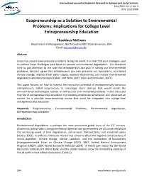 Ecopreneurship As a Solution to Environmental Problems: Implications for College Level Entrepreneurship Education