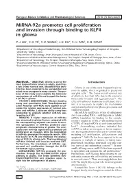Mirna-92A Promotes Cell Proliferation and Invasion Through Binding to KLF4 in Glioma