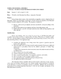 Maryland General Assembly “ Virtual” Student Page Program Information Sheet