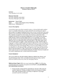 1 History of Analytic Philosophy Honours Course 2016-7 Lecture