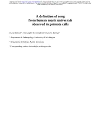 A Definition of Song from Human Music Universals Observed in Primate Calls