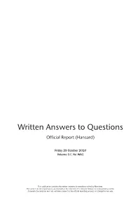 Written Answers to Questions Official Report (Hansard)