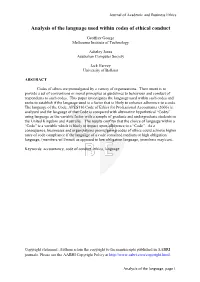 Analysis of the Language Used Within Codes of Ethical Conduct