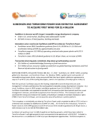 Sunedison and Terraform Power Sign Definitive Agreement to Acquire First Wind for $2.4 Billion