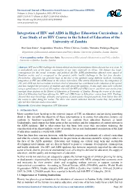 Integration of HIV and AIDS in Higher Education Curriculum: a Case Study of an HIV Course in the School of Education of the University of Zambia