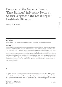 Reception of the National Trauma “Knut Hamsun” in Norway. Notes on Gabriel Langfeldt's and Leo Eitinger's Psychiatric Di