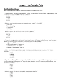 Answers to Ontario Quiz