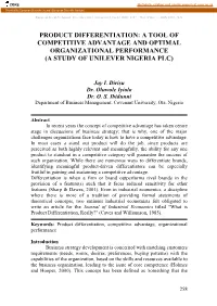 Product Differentiation: a Tool of Competitive Advantage and Optimal Organizational Performance (A Study of Unilever Nigeria Plc)
