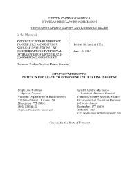 Vermont Motion to Intervene Request on VY License Transfer