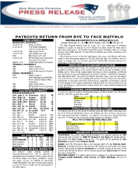Patriots Return from Bye to Face Buffalo
