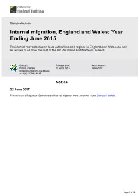 Internal Migration, England and Wales: Year Ending June 2015