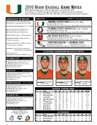 2016 Miami Baseball Game Notes