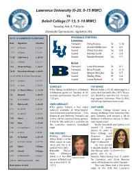 Lawrence University (0-20, 0-15 MWC) Vs. Beloit College (7-13, 5-10 MWC) Tuesday, Feb
