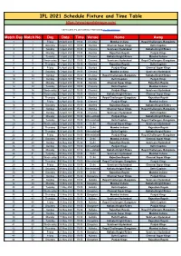 IPL 2021 Schedule Fixture and Time Table