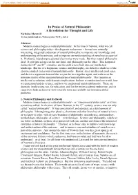 In Praise of Natural Philosophy a Revolution for Thought and Life Nicholas Maxwell to Be Published in Philosophia 40(4), 2012