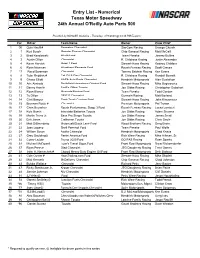 Entry List - Numerical Texas Motor Speedway 24Th Annual O'reilly Auto Parts 500