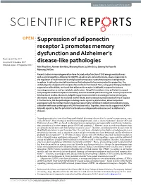 Suppression of Adiponectin Receptor 1 Promotes Memory Dysfunction And