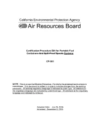 Certification Procedure 501 for Portable Fuel Containers and Spill-Proof Spouts Systems