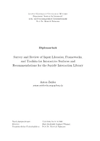 Survey and Review of Input Libraries, Frameworks, and Toolkits for Interactive Surfaces and Recommendations for the Squidy Interaction Library