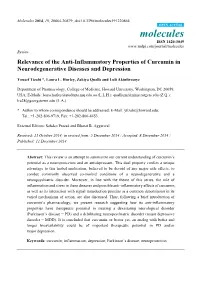 Relevance of the Anti-Inflammatory Properties of Curcumin in Neurodegenerative Diseases and Depression