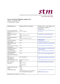 Science and Medical Publishers Imprints List Version 1.1, October 2007 8 October 2007 Version