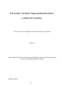 F.H. Jacobi's "On Divine Things and Their Revelation." a Study And