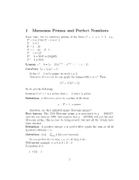 1 Mersenne Primes and Perfect Numbers