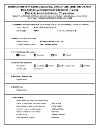 Nomination of Historic Building, Structure, Site, Or Object Philadelphia Register of Historic Places Philadelphia Historical