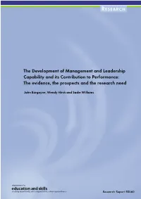 The Development of Management and Leadership Capability and Its Contribution to Performance: the Evidence, the Prospects and the Research Need