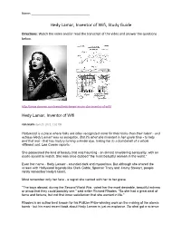 Hedy Lamar, Inventor of Wifi, Study Guide