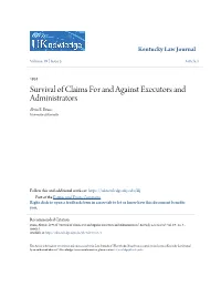 Survival of Claims for and Against Executors and Administrators Alvin E