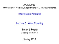DATA20021 Information Retrieval Lecture 5: Web Crawling Simon J