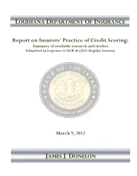 LDI Report on Insurers' Practice of Credit Scoring