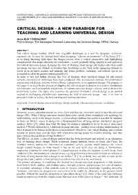 Critical Design – a New Paradigm for Teaching and Learning Universal Design