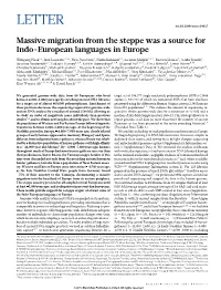 Massive Migration from the Steppe Was a Source for Indo-European Languages in Europe