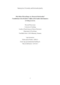 Running Head: Personality and Relationship Quality