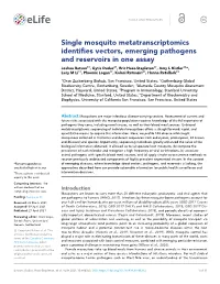 Single Mosquito Metatranscriptomics Identifies Vectors, Emerging Pathogens and Reservoirs in One Assay
