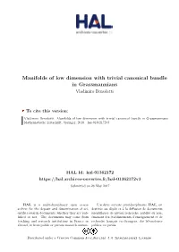 Manifolds of Low Dimension with Trivial Canonical Bundle in Grassmannians Vladimiro Benedetti
