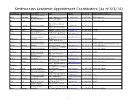 Smithsonian Academic Appointment Coordinators (As of 6/2/14)
