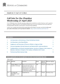 Call Lists for the Chamber Wednesday 21 April 2021